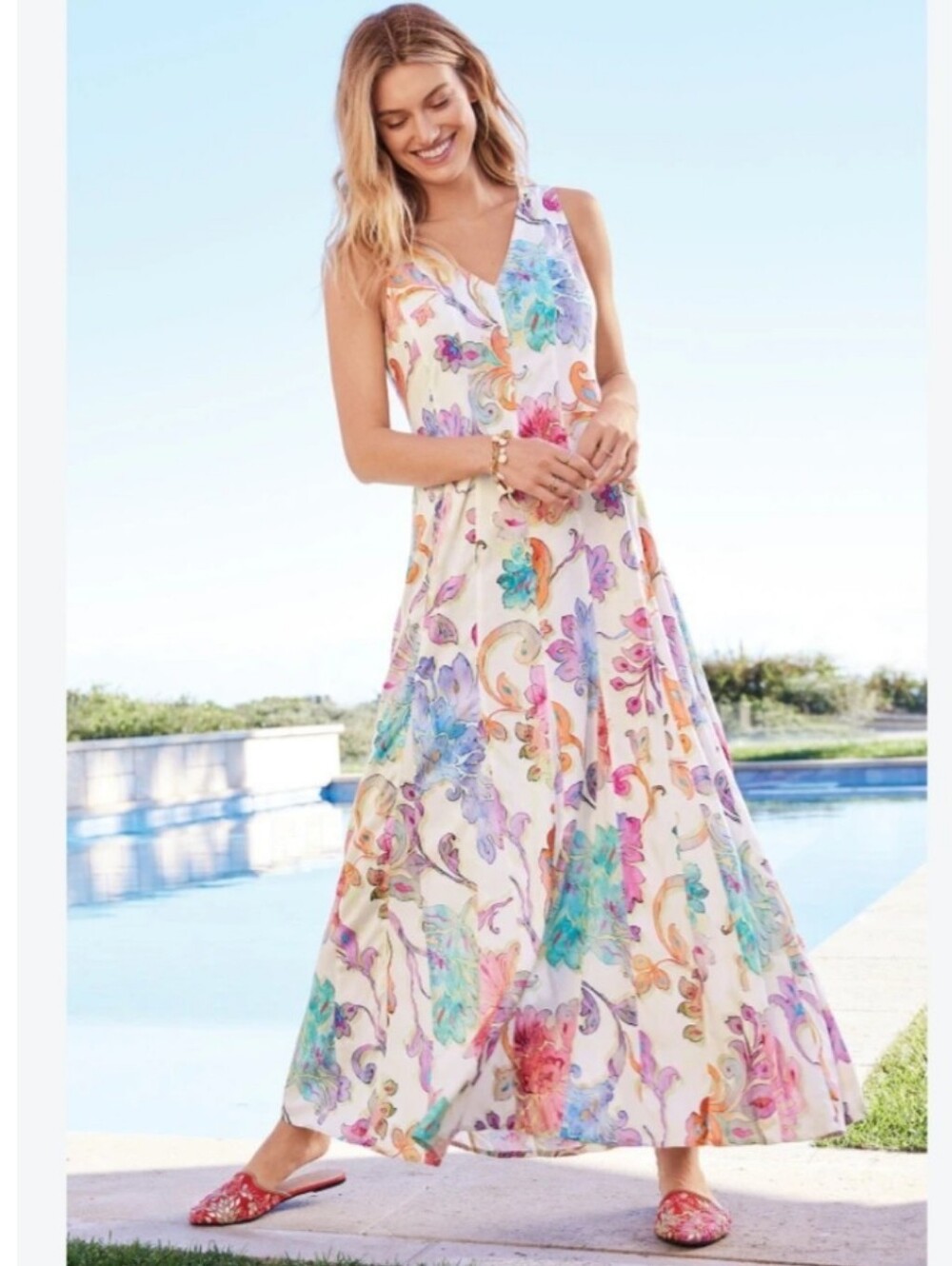 Soft Surroundings watercolor floral sleeveless maxi dress